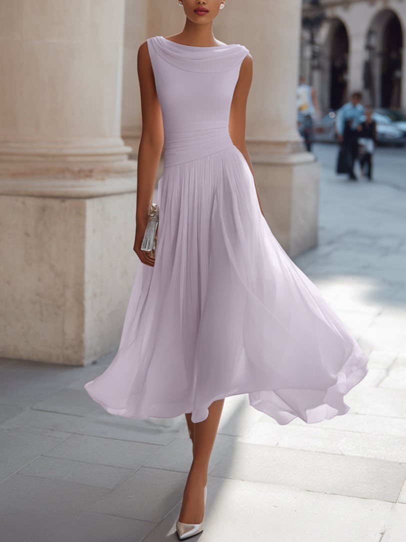 Draped Neck Sleeveless Pleated Midi Dress