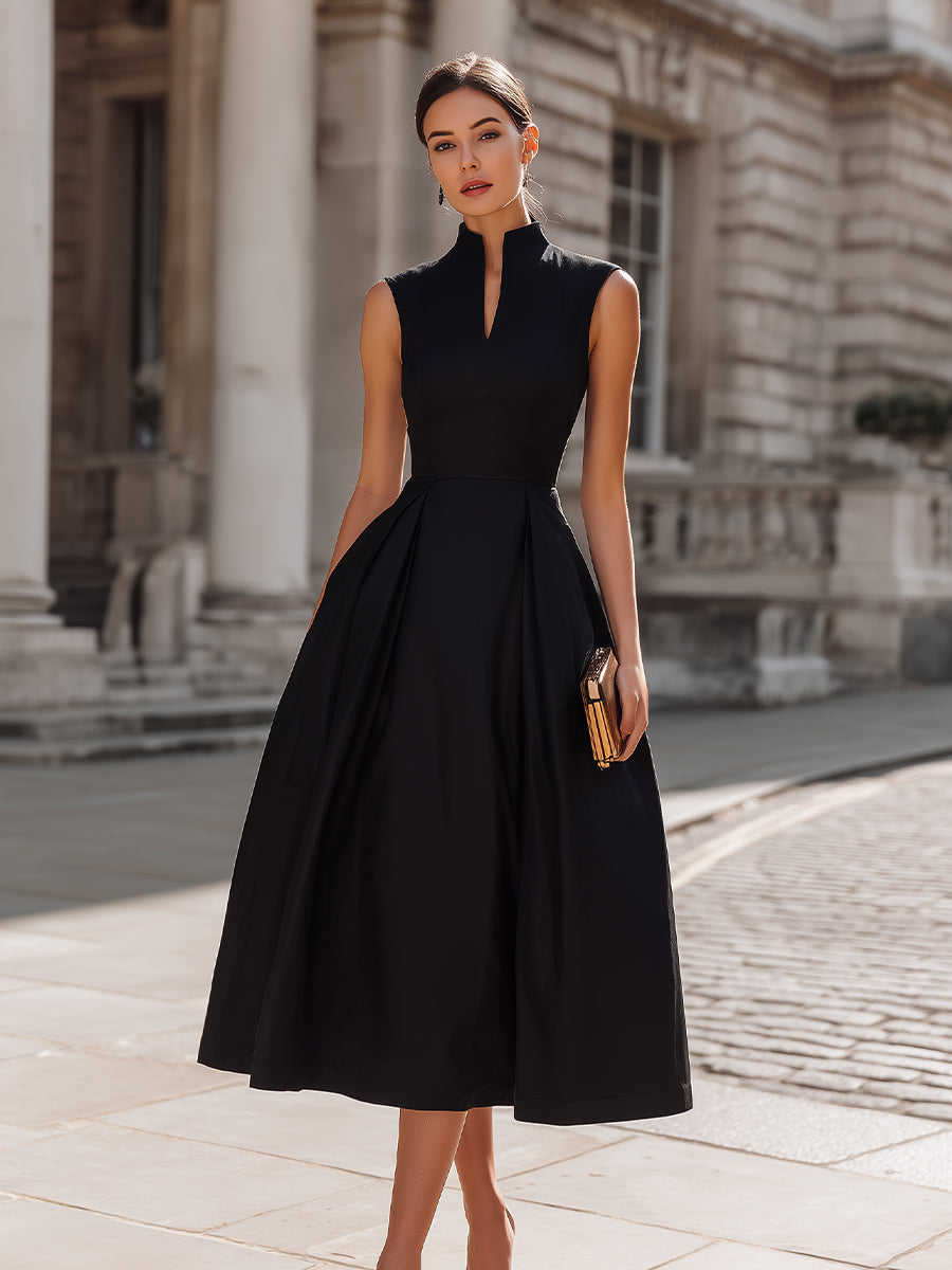 High-Neck Sleeveless Structured A-Line Midi Dress