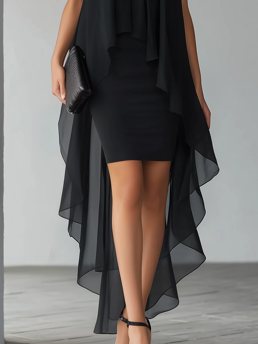 Asymmetrical Layered Chiffon Overlay Cocktail Dress