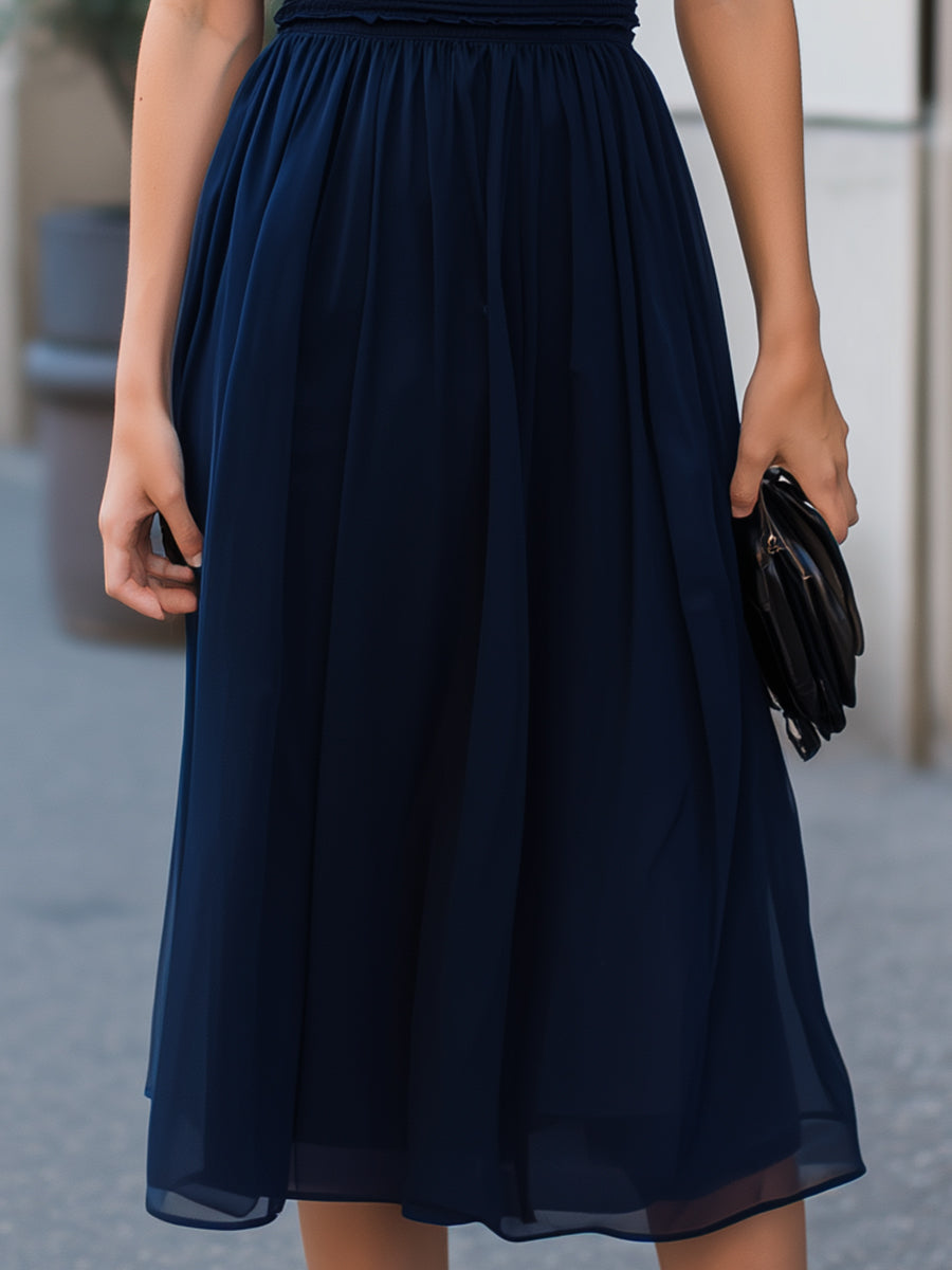 Ruffle Trim High Neck A-Line Midi Dress