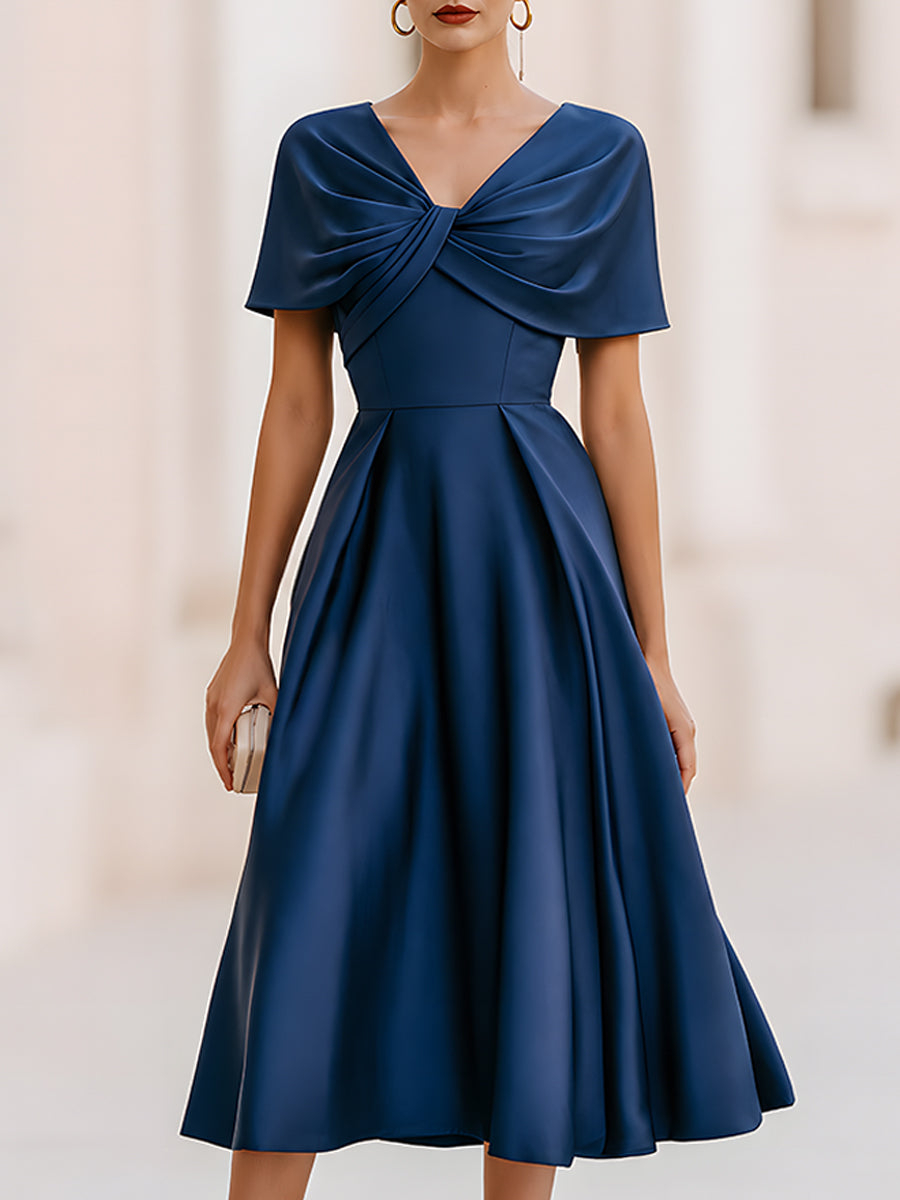 Satin Shawl-Style Twisted Sleeves Midi Dress