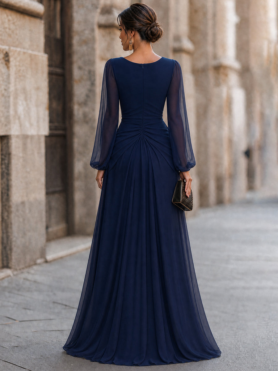 Draped Cowl Neck Ruched Slit Maxi Dress