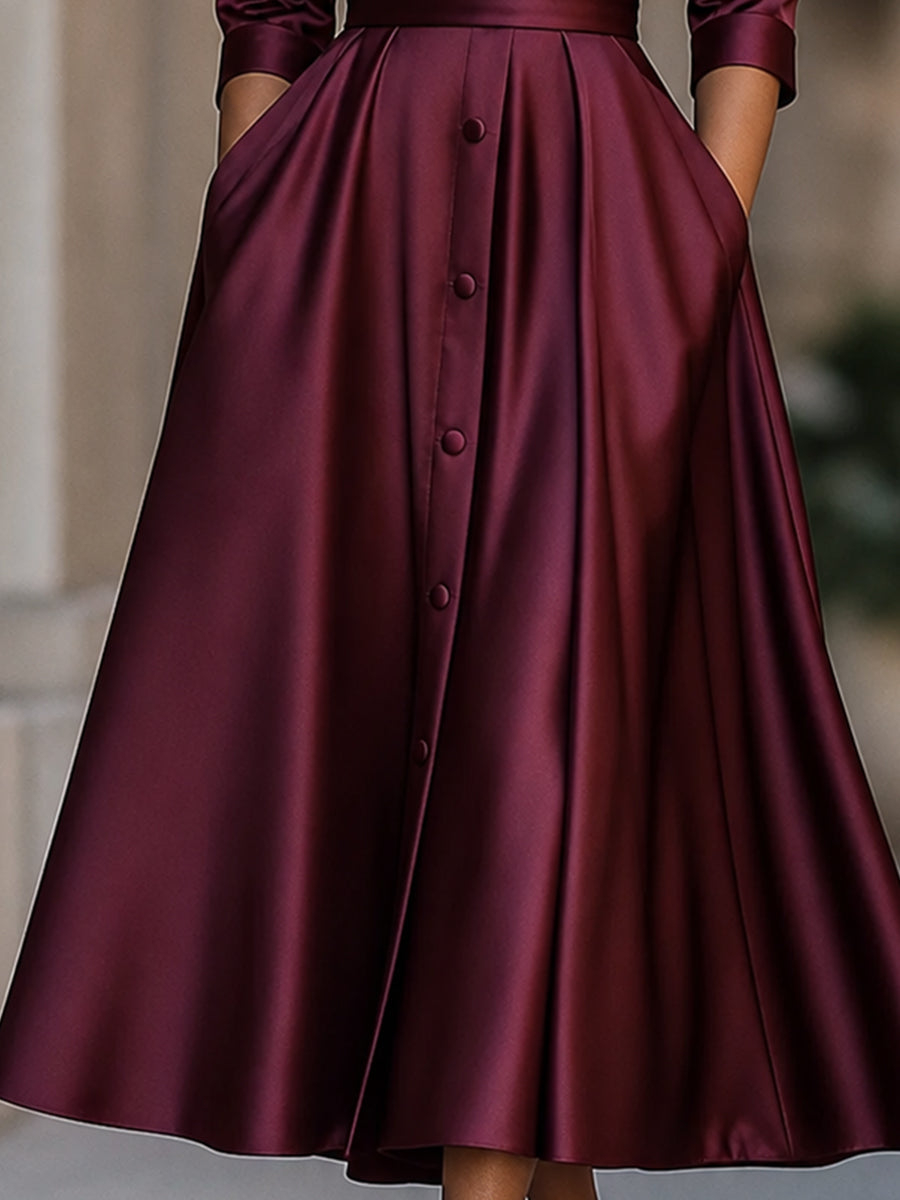 Elegant Satin Notched-Lapel Button-Front A-Line Midi Dress
