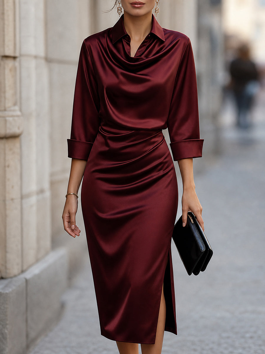 Satin Collared Ruched Bodycon Midi Dress