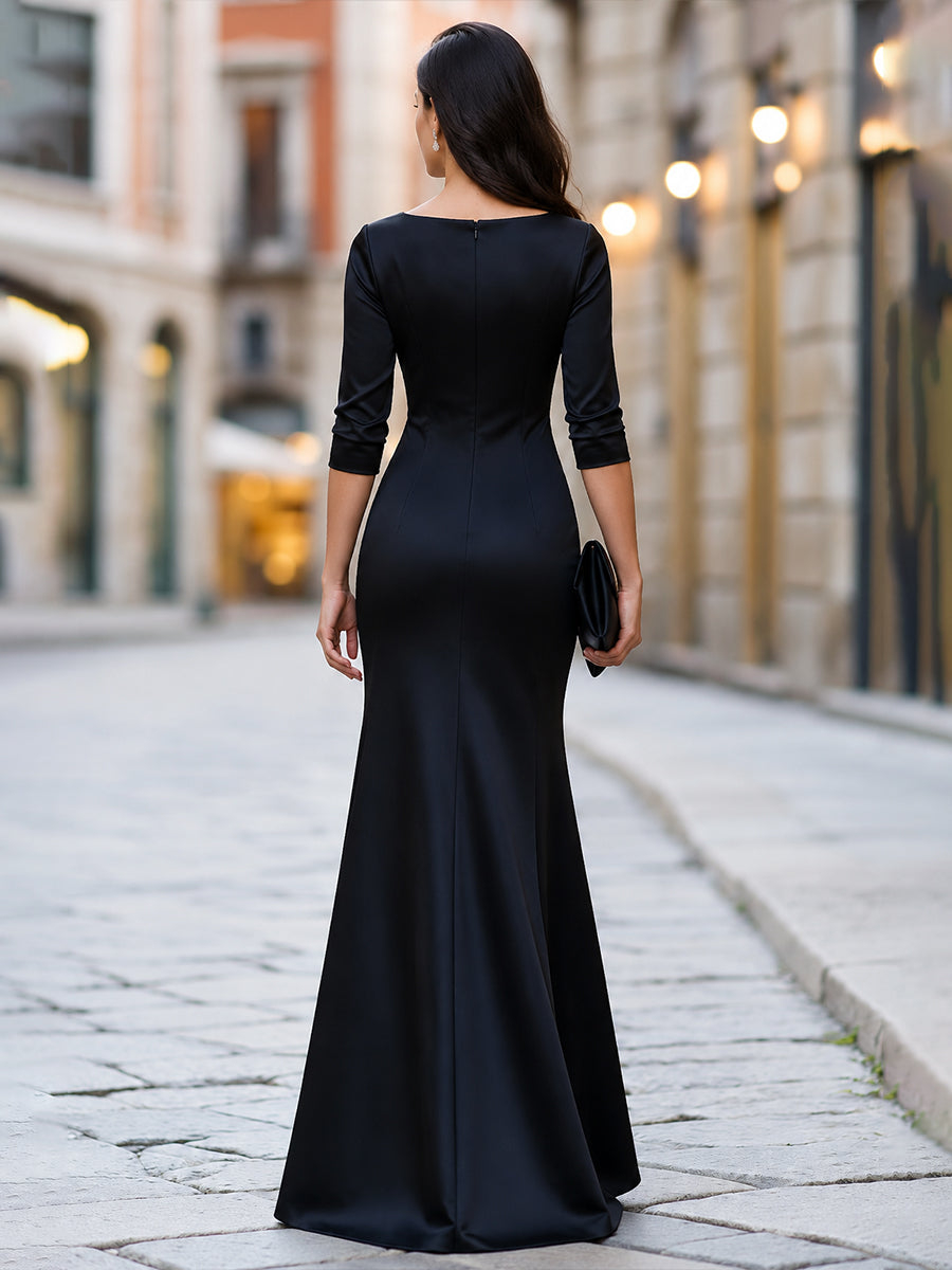 Black Satin Three Quarter Wrap Bow Mermaid Maxi Dress