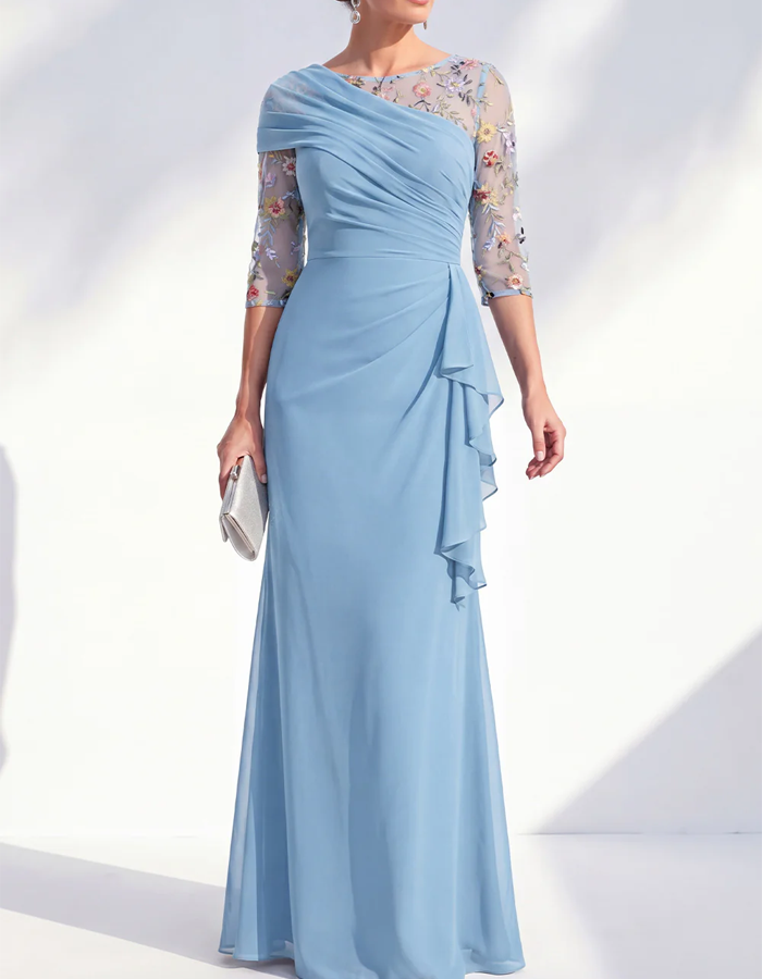 Dusty Blue Floral Mesh Three Quarter Ruffle Chiffon Maxi Dress