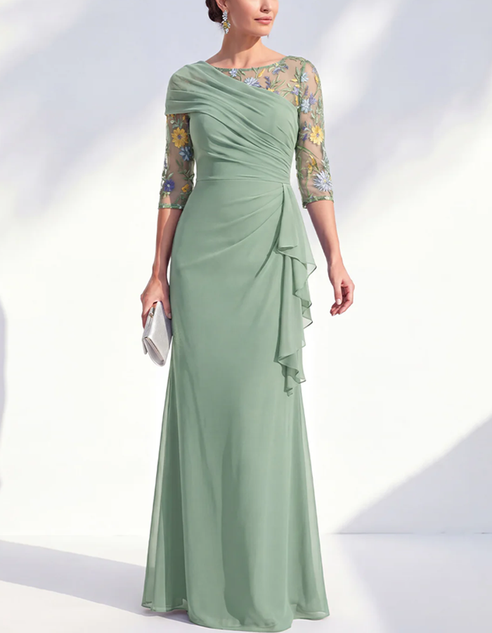 Dusty Blue Floral Mesh Three Quarter Ruffle Chiffon Maxi Dress