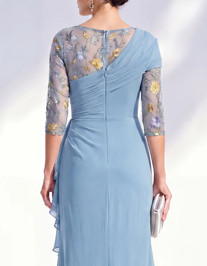 Dusty Blue Floral Mesh Three Quarter Ruffle Chiffon Maxi Dress