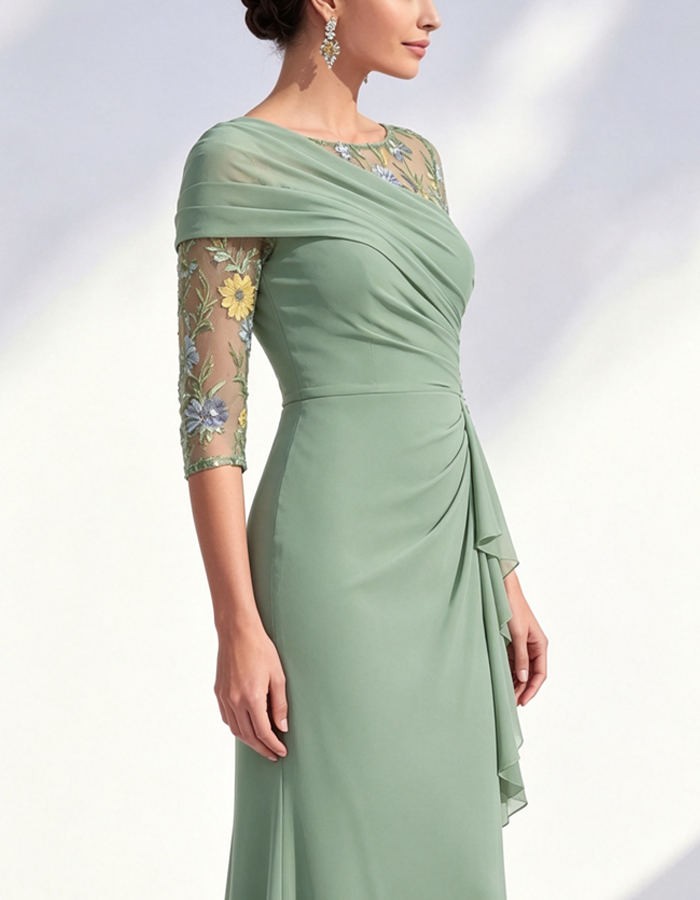 Dusty Blue Floral Mesh Three Quarter Ruffle Chiffon Maxi Dress