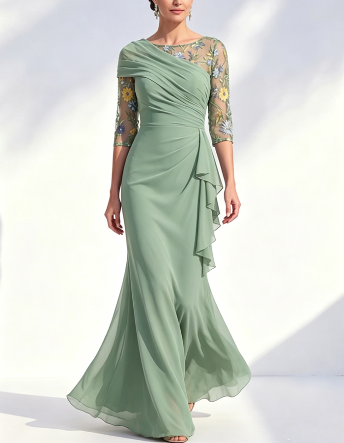 Dusty Blue Floral Mesh Three Quarter Ruffle Chiffon Maxi Dress