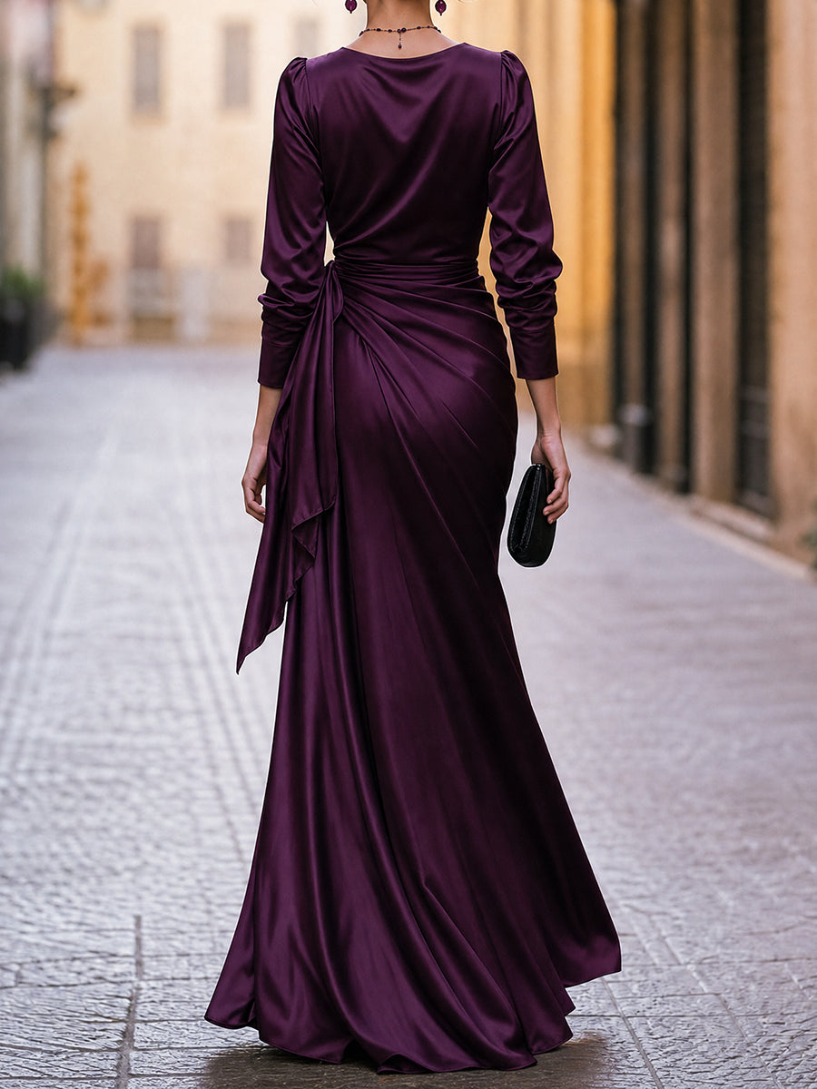 Dark Purple Wrap V Neck Long Sleeve Satin Maxi Dress