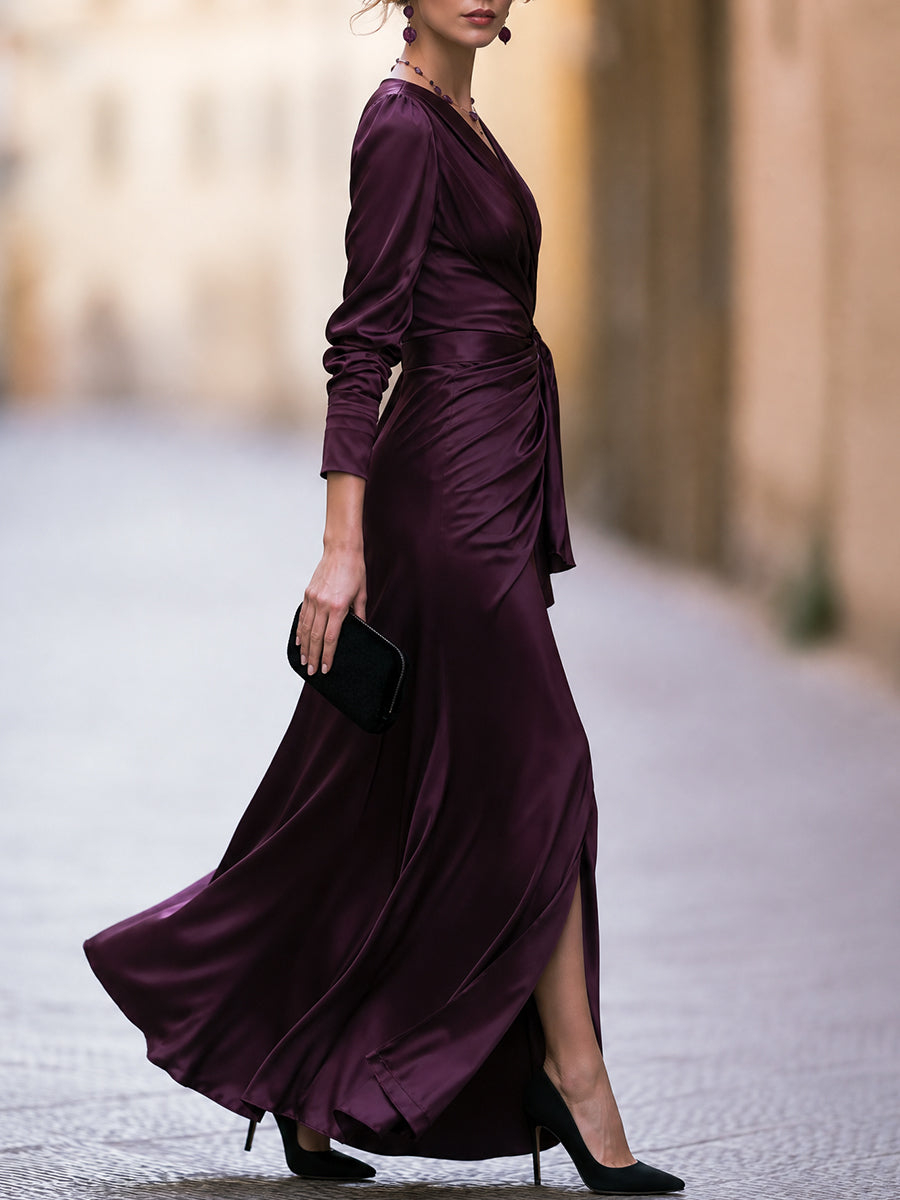 Dark Purple Wrap V Neck Long Sleeve Satin Maxi Dress