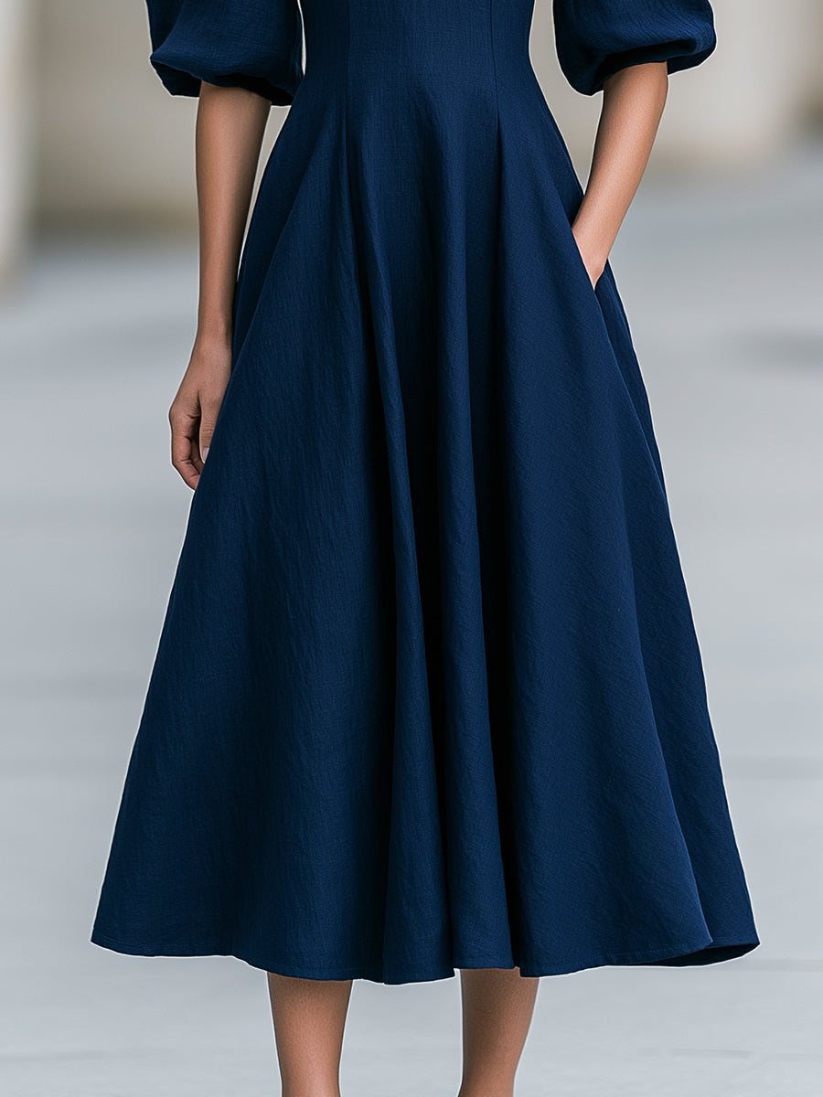 Navy Blue Sweetheart V-Neck Puff Sleeve Midi Swing Dress