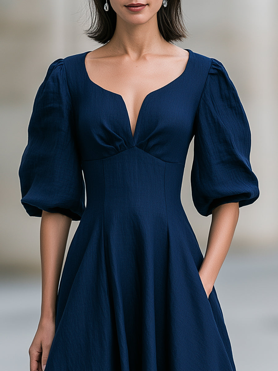 Navy Blue Sweetheart V-Neck Puff Sleeve Midi Swing Dress