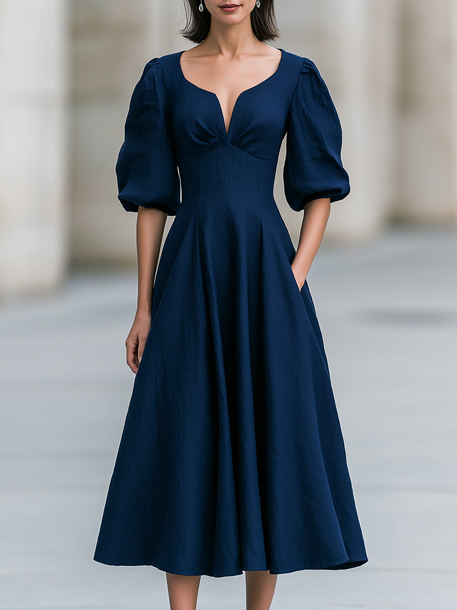 Navy Blue Sweetheart V-Neck Puff Sleeve Midi Swing Dress