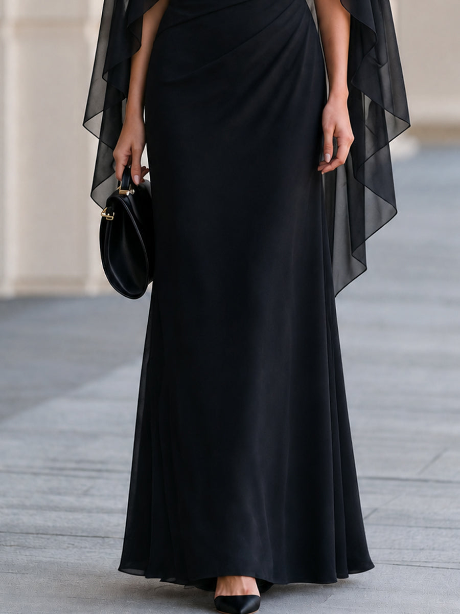 Black Boat Neck Draped Chiffon Cape Sleeve Maxi Dress
