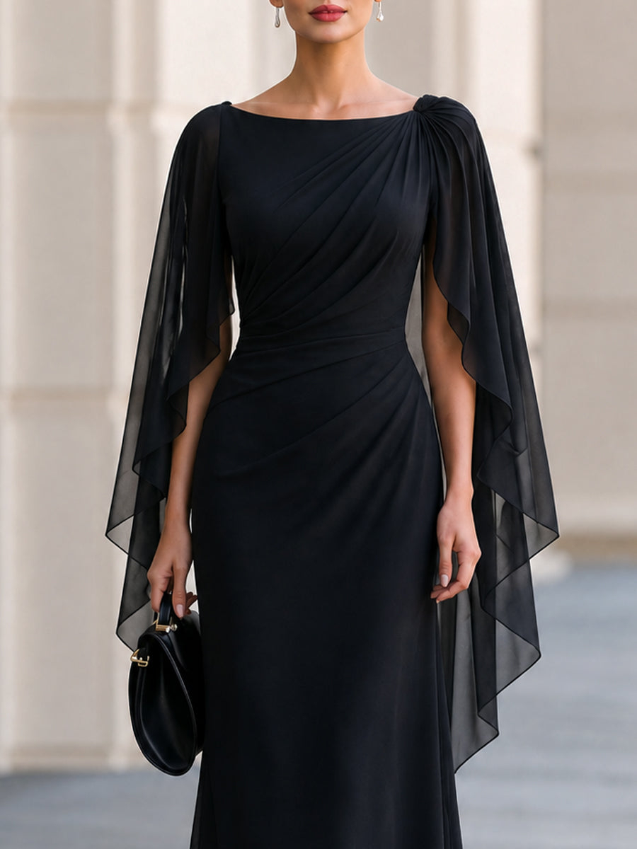 Black Boat Neck Draped Chiffon Cape Sleeve Maxi Dress