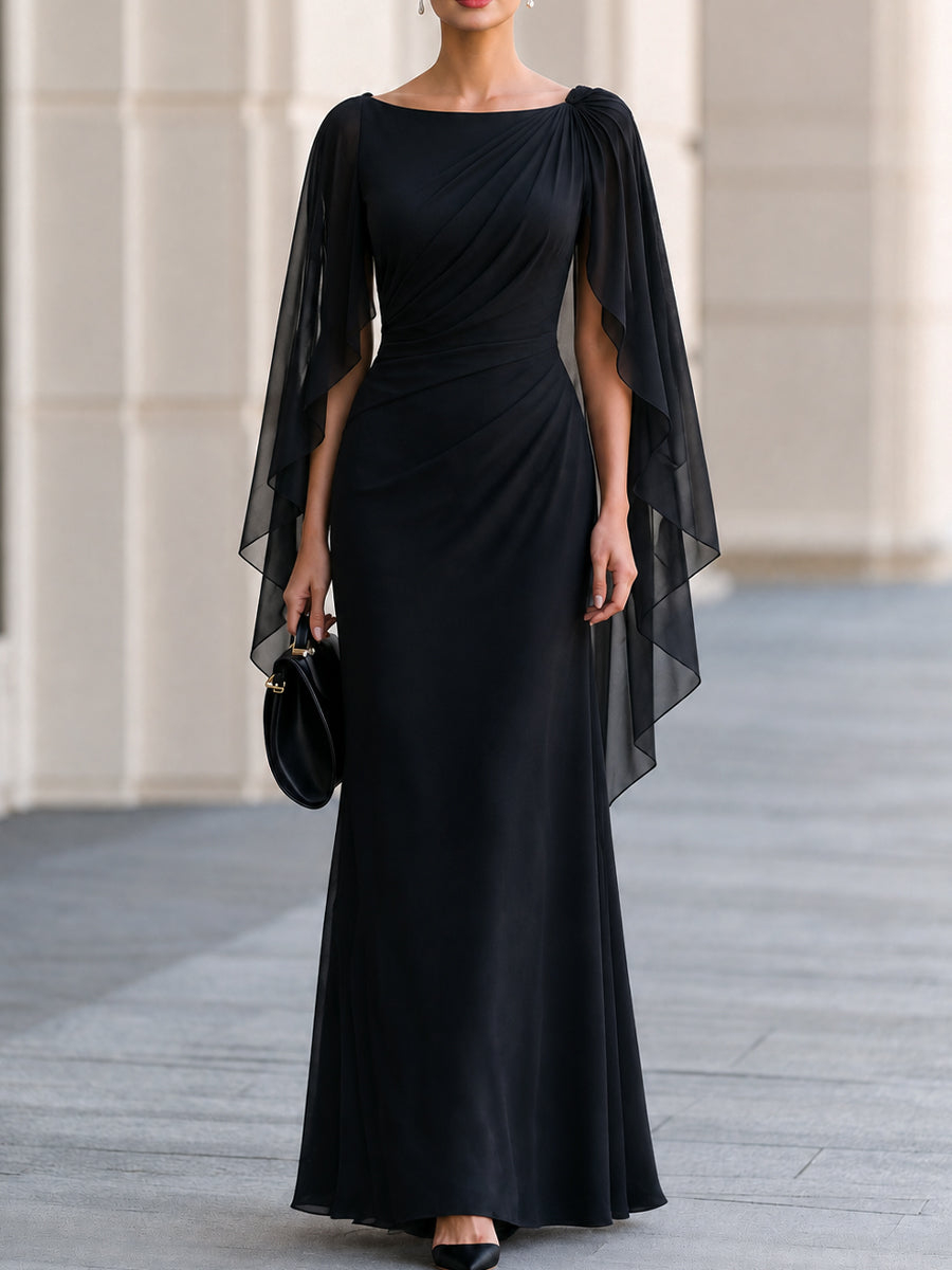 Black Boat Neck Draped Chiffon Cape Sleeve Maxi Dress
