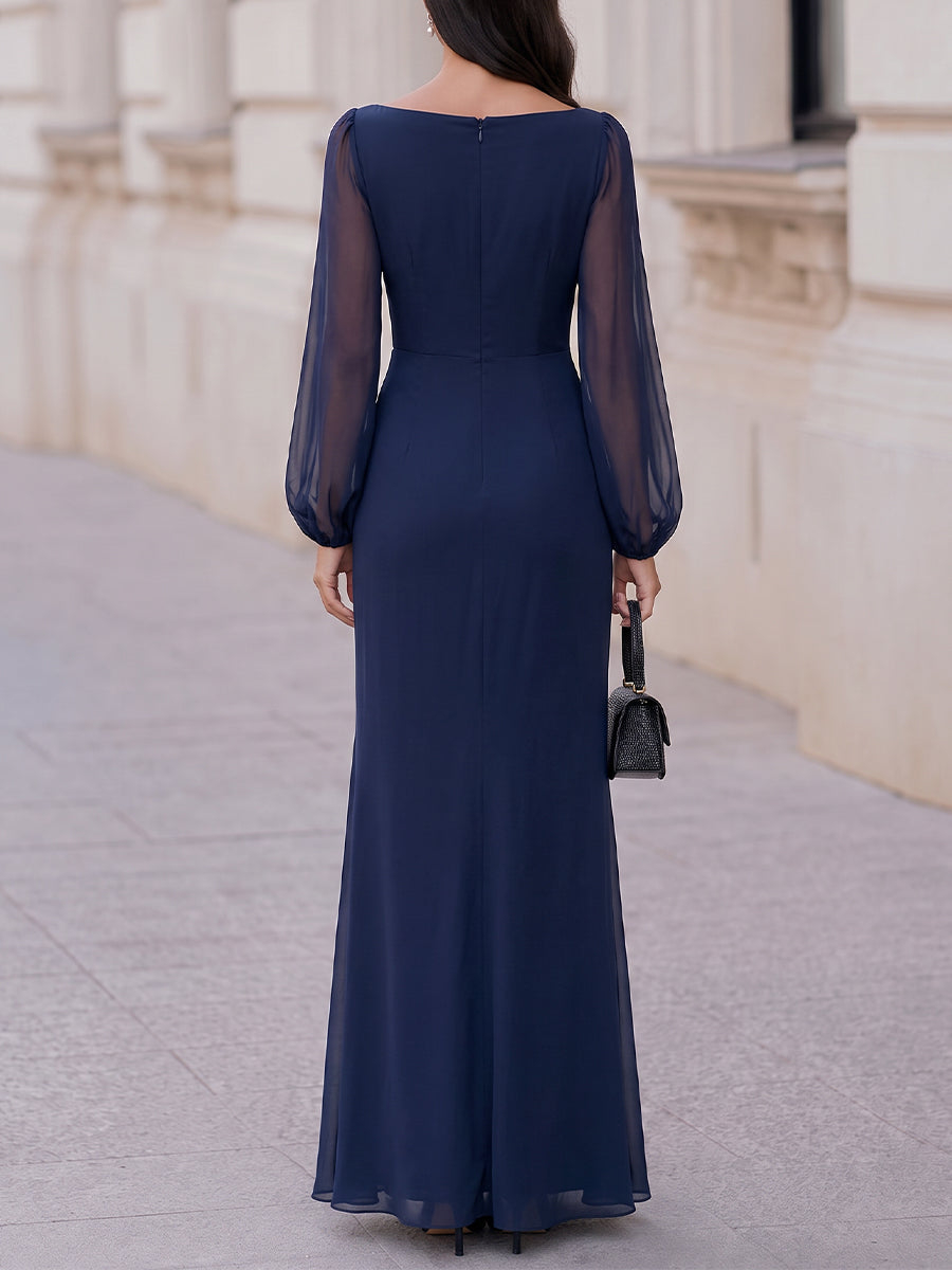 Navy Blue Boat Neck Sheer Long Sleeve Ruched Slit Chiffon Maxi Dress