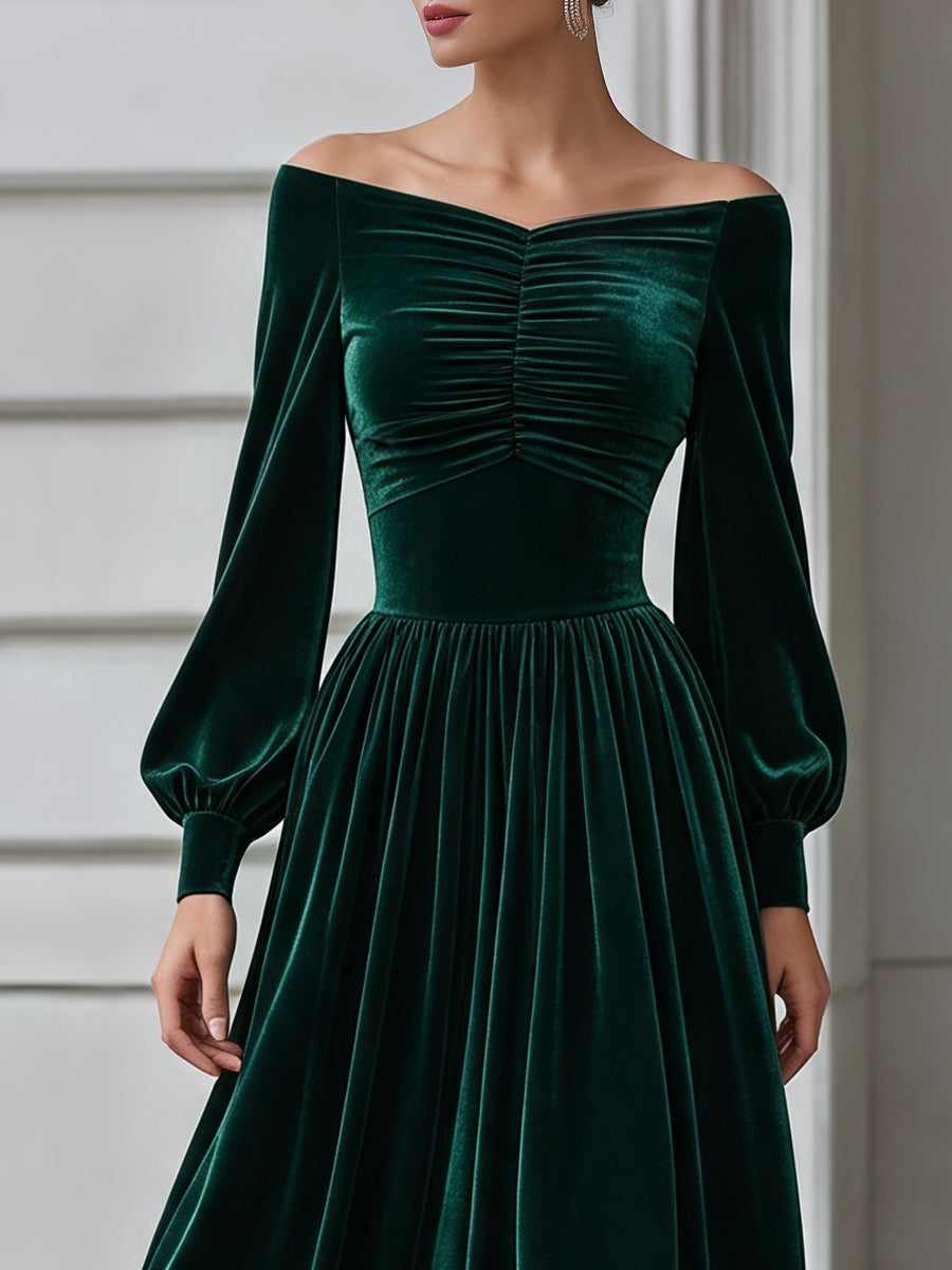 Green Off-Shoulder Ruched Velvet A-Line Midi Dress