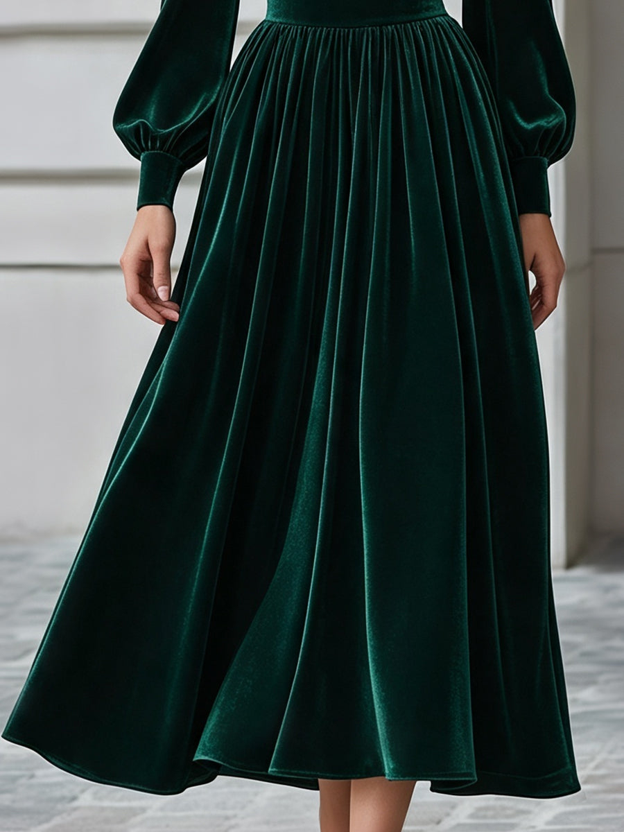 Green Off-Shoulder Ruched Velvet A-Line Midi Dress