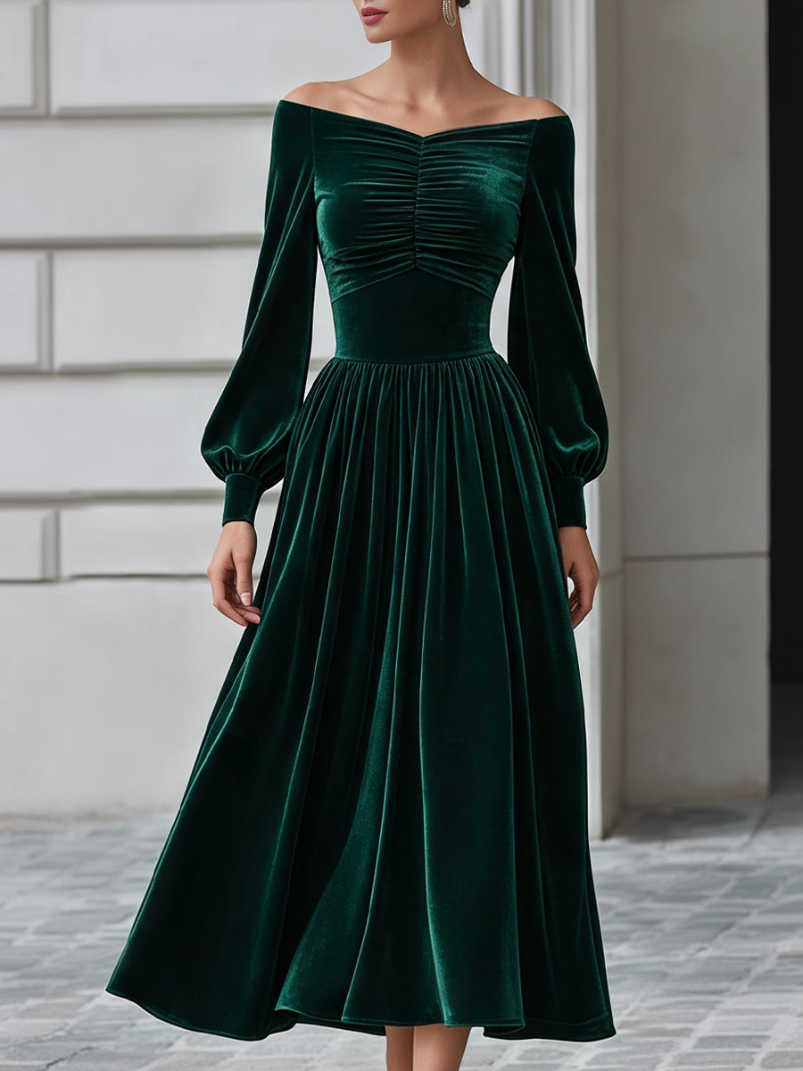 Green Off-Shoulder Ruched Velvet A-Line Midi Dress