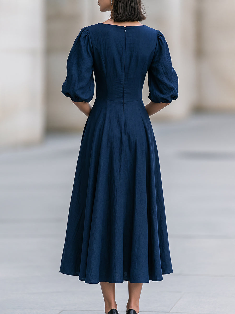 Navy Blue Sweetheart V-Neck Puff Sleeve Midi Swing Dress