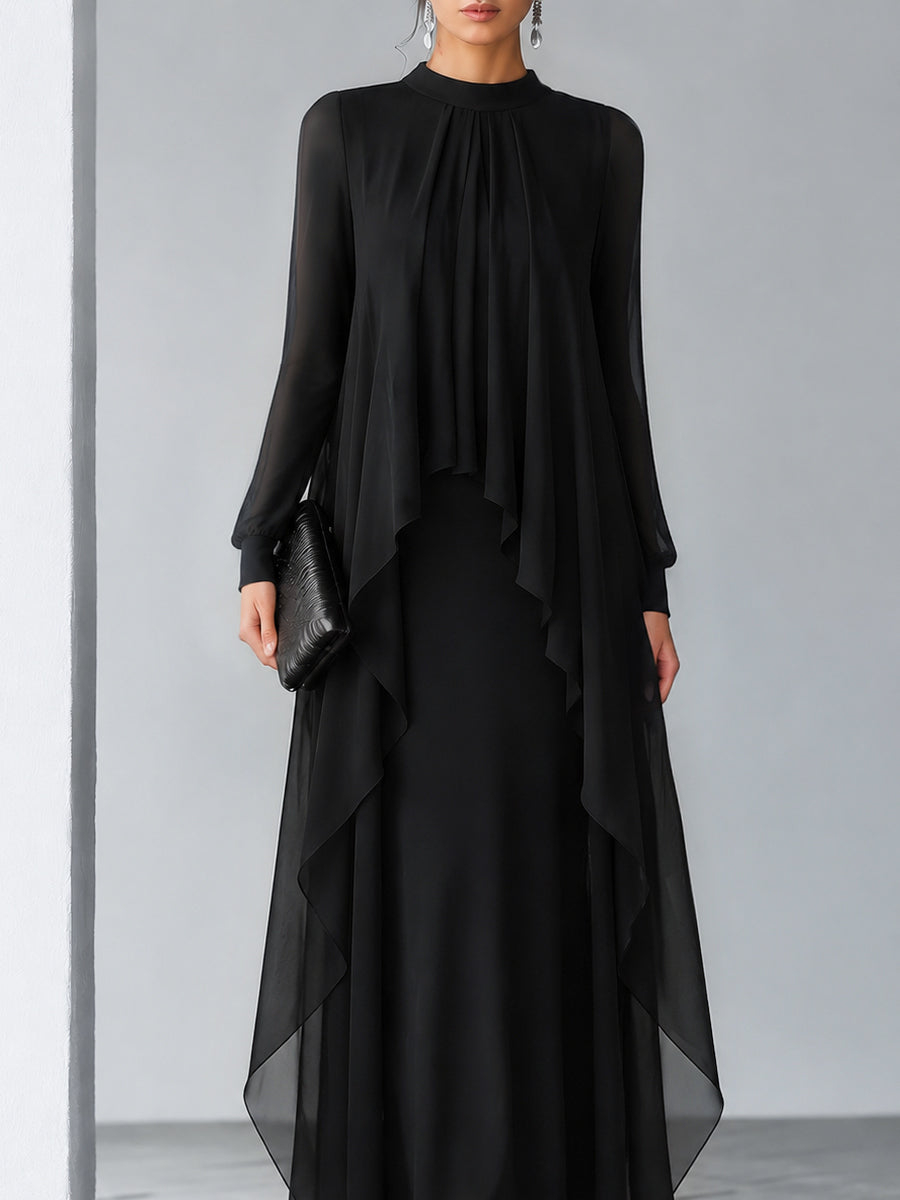 Black Relaxed Flowing Layered Chiffon Maxi Dress