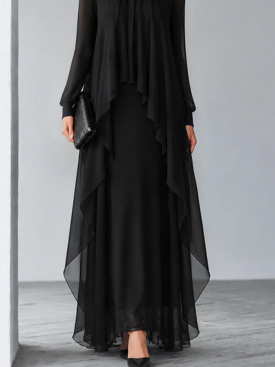 Black Relaxed Flowing Layered Chiffon Maxi Dress