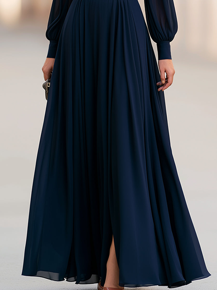 Navy Blue Chiffon Maxi Dress With Fitted Waist And Slit