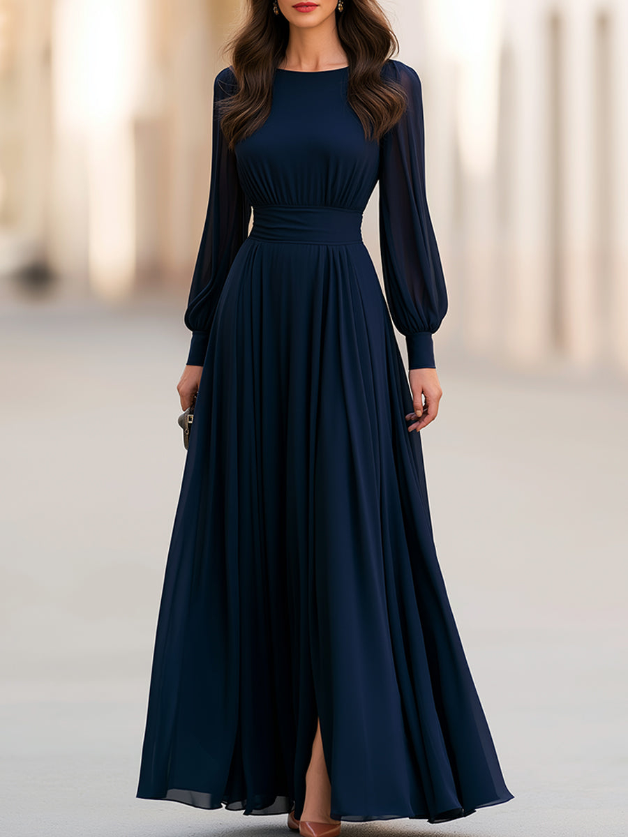 Navy Blue Chiffon Maxi Dress With Fitted Waist And Slit
