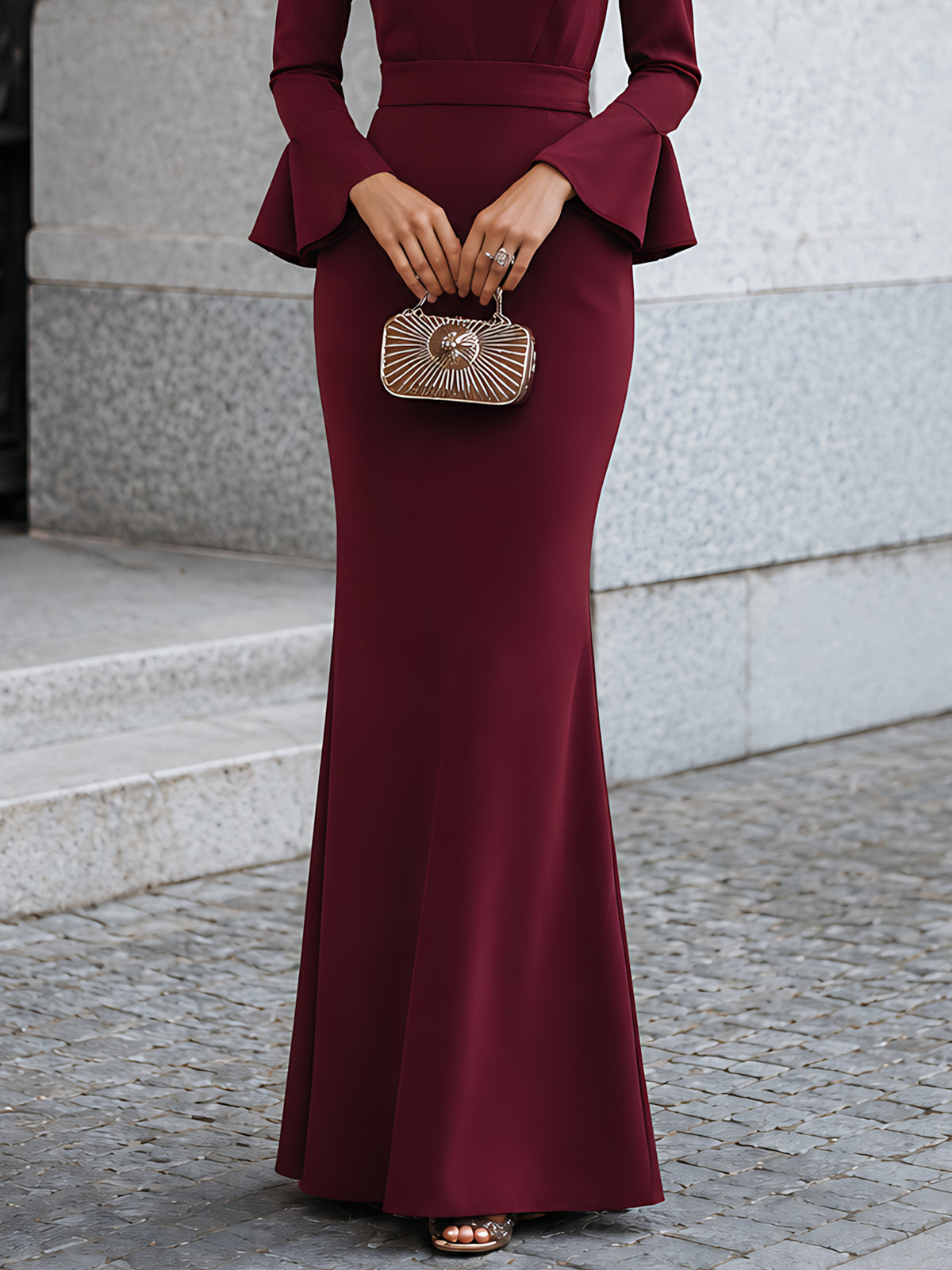 Burgundy Cutout Flared-Sleeve Mermaid Maxi Dress