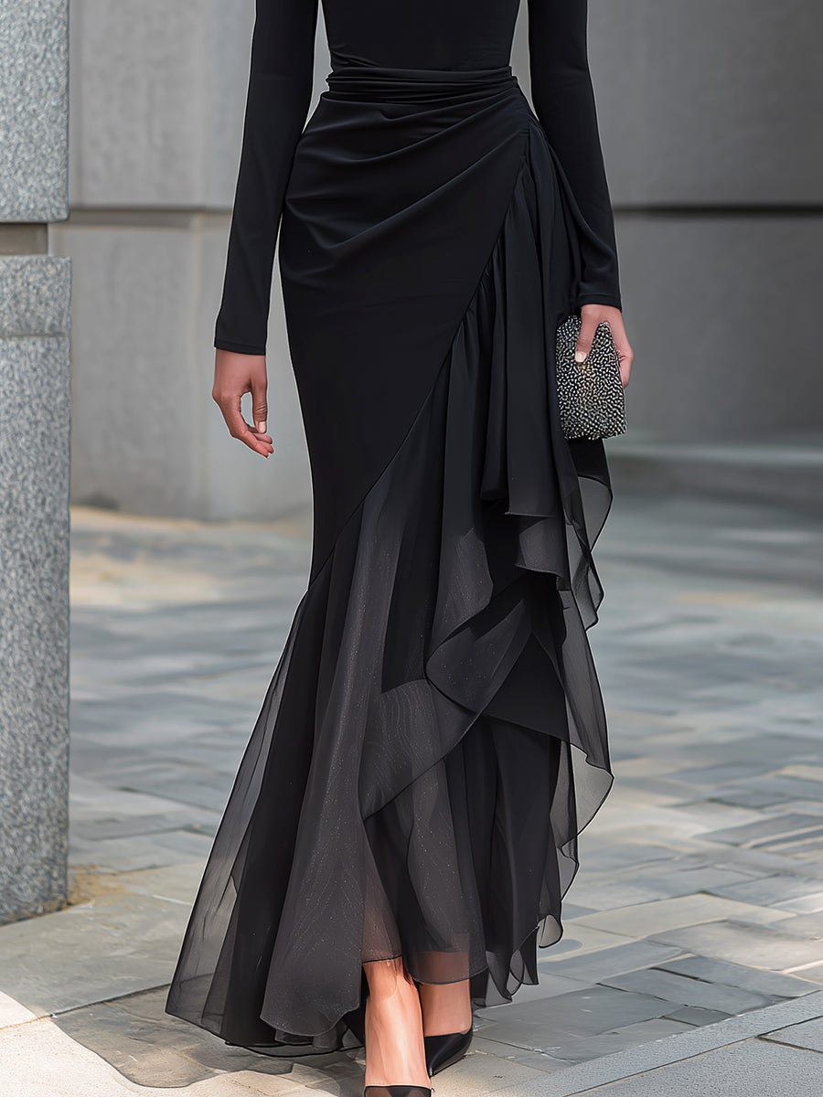 Black Draped Cowl Neck Layered Organza Panel Maxi Dress