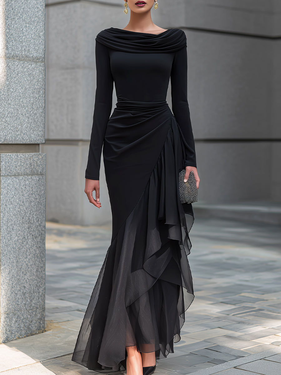 Black Draped Cowl Neck Layered Organza Panel Maxi Dress