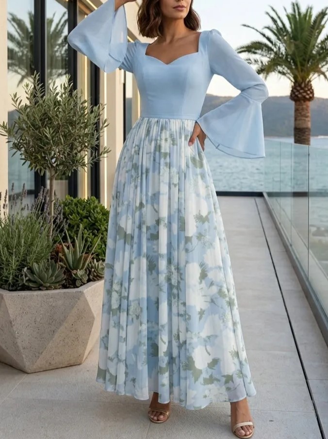 Light Blue Floral Chiffon Sweetheart Long Bell Sleeve A-Line Floor-length Gown Dress