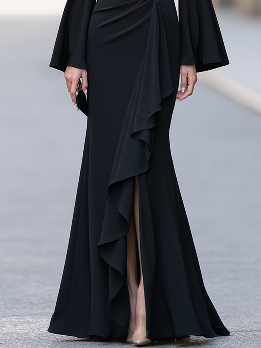 Black Draped Ruffle Bell Sleeve Maxi Dress