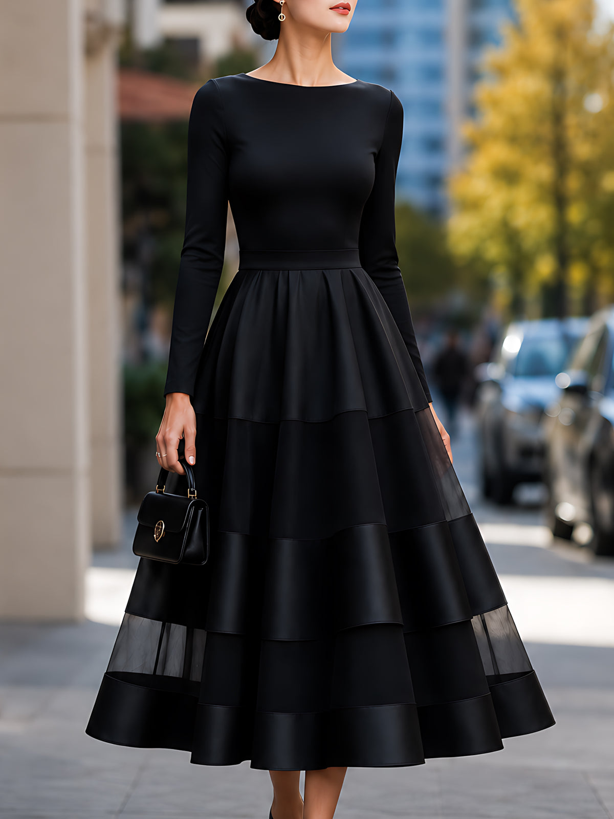 Black Satin Organza Tiered A-Line Maxi Dress