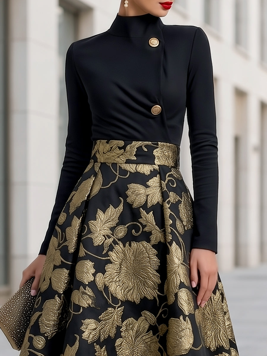 Black Mock Neck Jacquard Floral A-Line Midi Dress