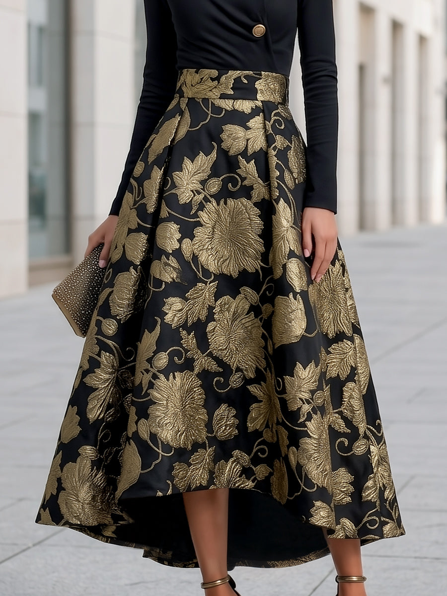 Black Mock Neck Jacquard Floral A-Line Midi Dress
