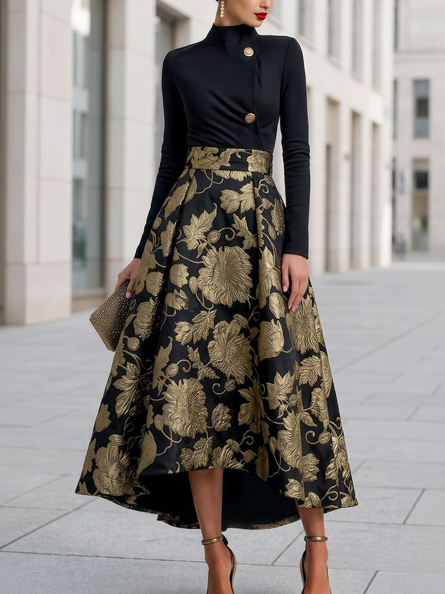 Black Mock Neck Jacquard Floral A-Line Midi Dress