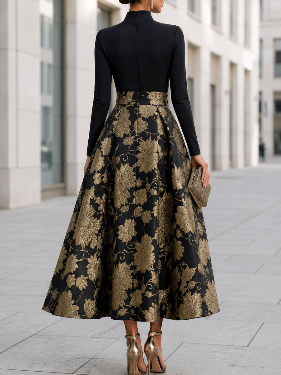 Black Mock Neck Jacquard Floral A-Line Midi Dress