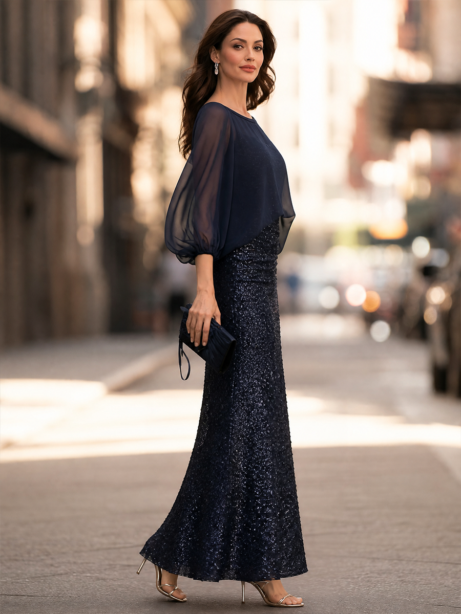 Navy Blue Sheer Chiffon Puff Sleeve Sequined Mermaid Formal Gown