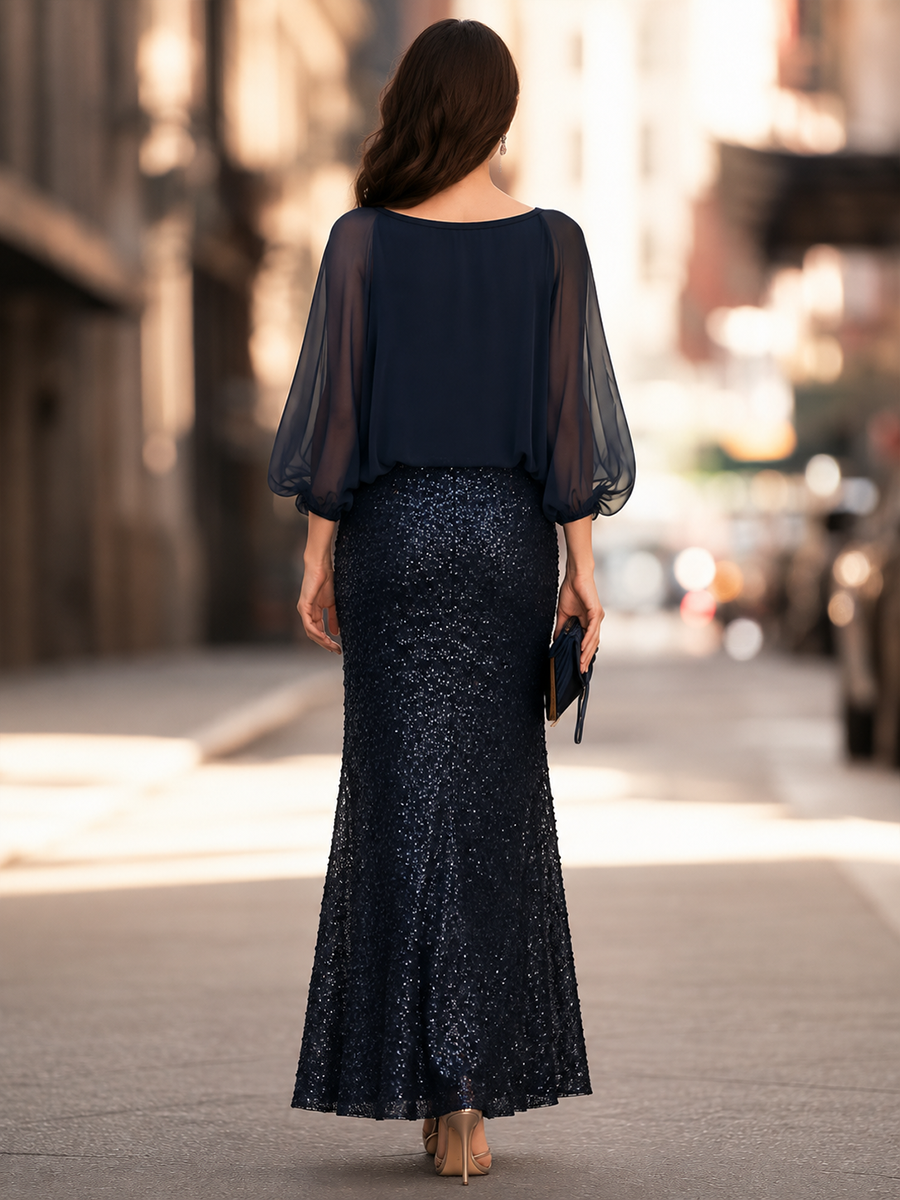 Navy Blue Sheer Chiffon Puff Sleeve Sequined Mermaid Formal Gown