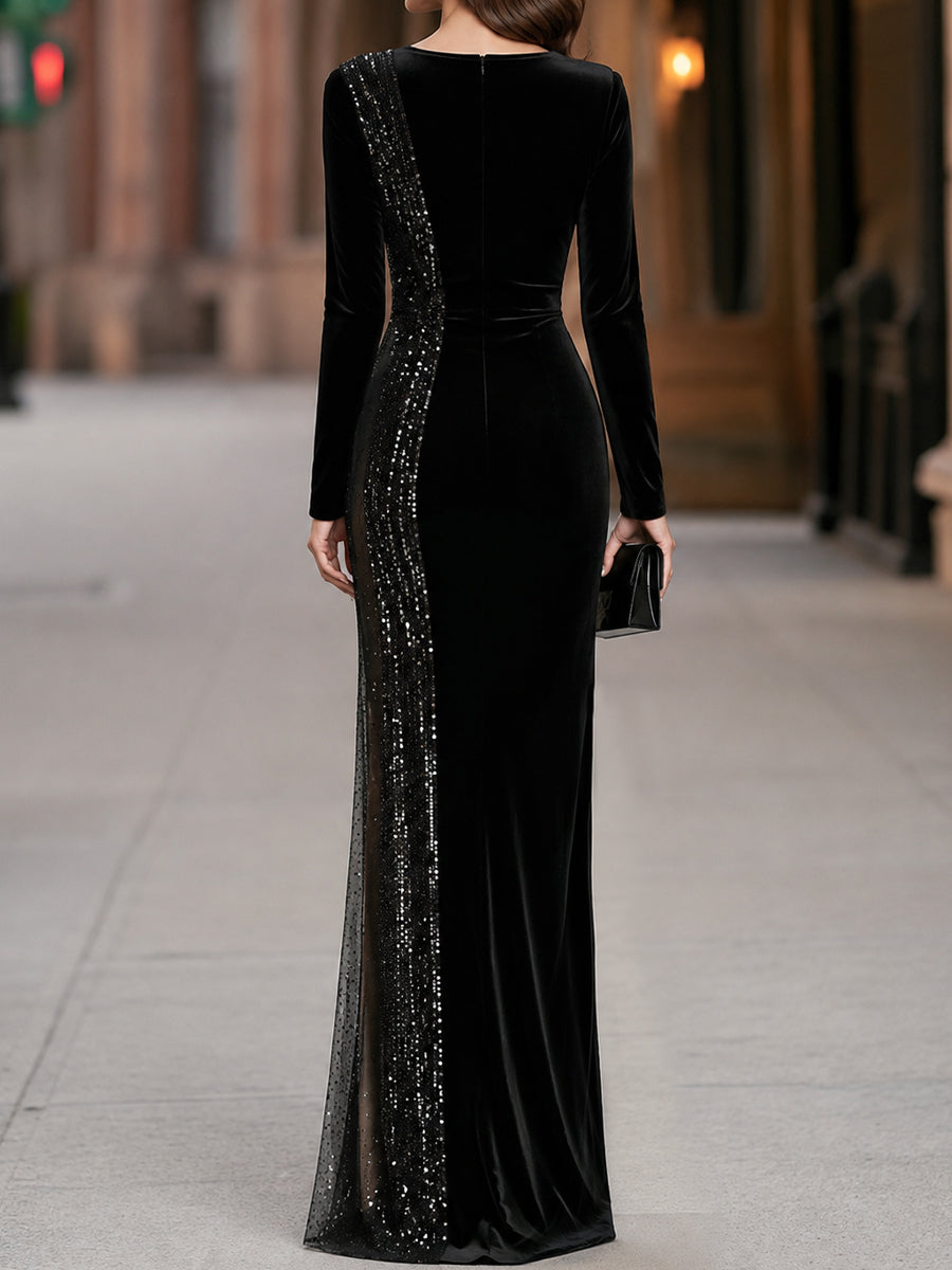 Black Round Neck Long Sleeve Velvet Mermaid With Sequined Maxi Dress