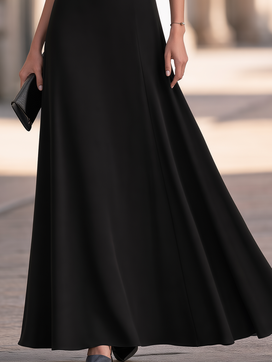 Black Asymmetrical Mesh Panel Three Quarter Sleeve A Line Maxi Evening Dress