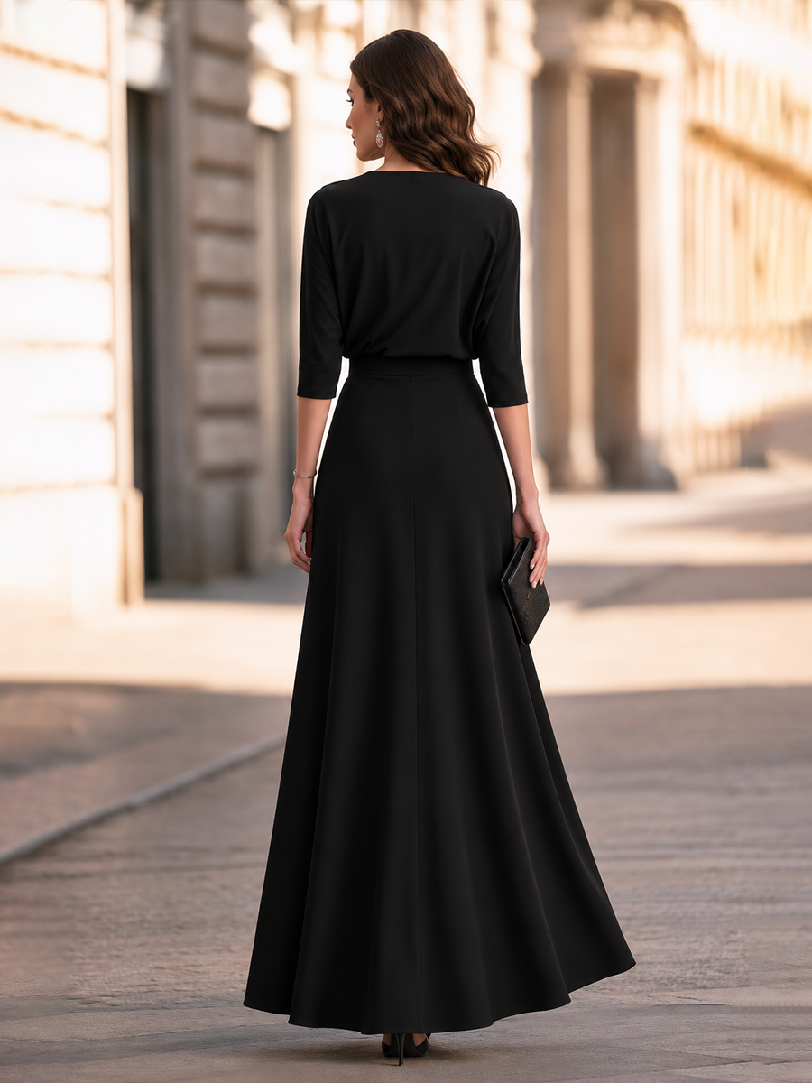 Black Asymmetrical Mesh Panel Three Quarter Sleeve A Line Maxi Evening Dress