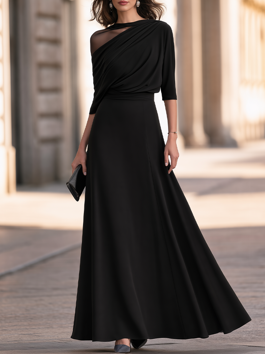 Black Asymmetrical Mesh Panel Three Quarter Sleeve A Line Maxi Evening Dress