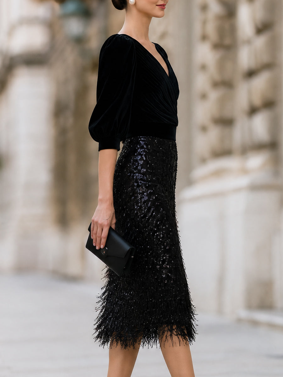 Black Velvet Puff Sleeve Sequin Fringe Midi Cocktail Dress