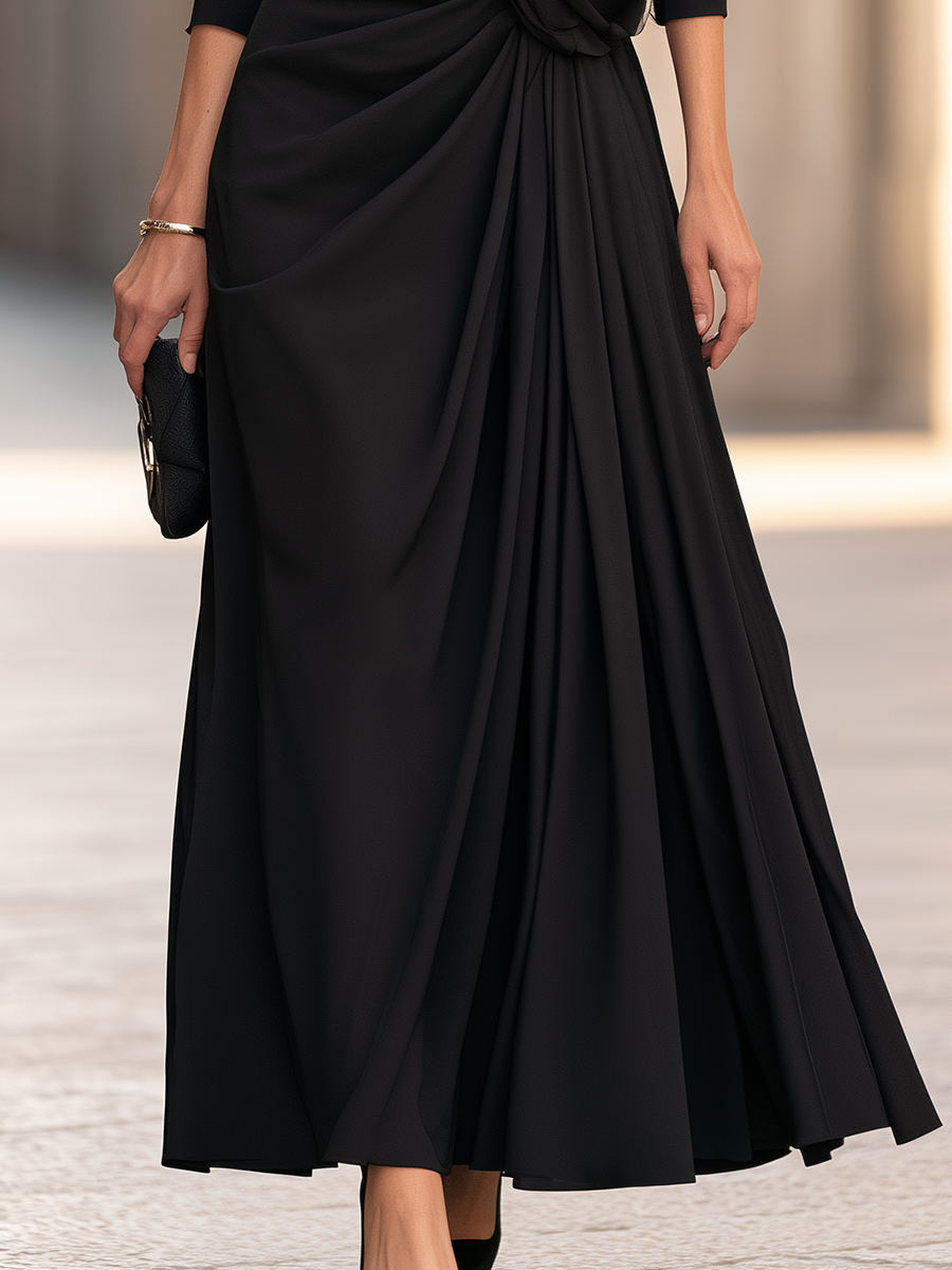 Black V-Neck Floral-Appliqué Draped Maxi Dress