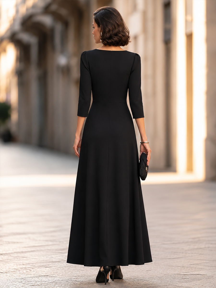 Black V-Neck Floral-Appliqué Draped Maxi Dress